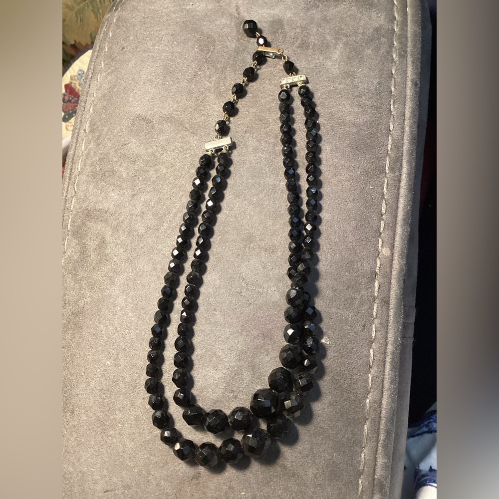 Two Strand Graduated Black Glass Beads with Rhinestones